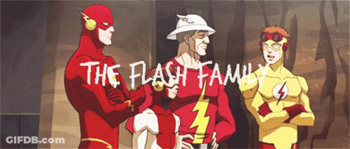 A Group Of Cartoon Characters Standing Next To Each Other With The Words " The Flash Family " Written Above Them GIF