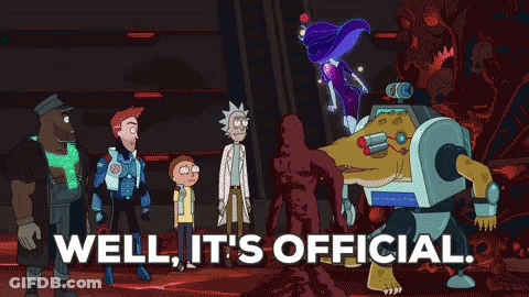 A Group Of Cartoon Characters Standing Next To Each Other With The Words Well It 'S Official On The Bottom GIF