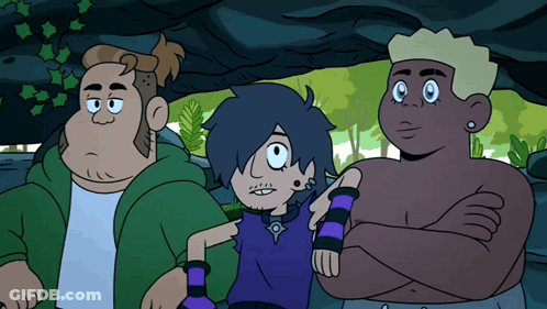 A Group Of Cartoon Characters Standing Next To Each Other With Their Arms Crossed GIF