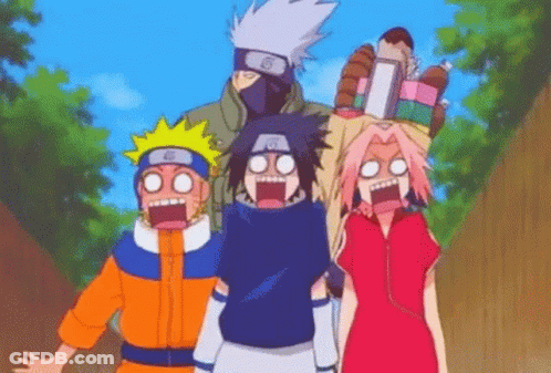 A Group Of Cartoon Characters Standing Next To Each Other With Their Mouths Open . GIF