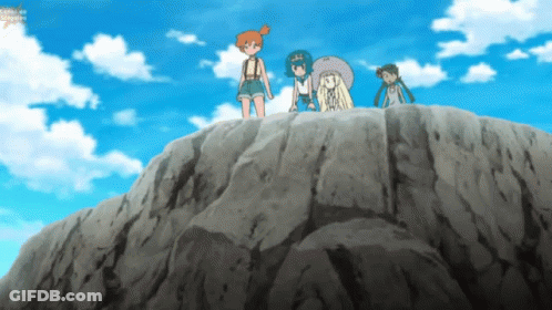 A Group Of Cartoon Characters Standing On Top Of A Large Rock . GIF