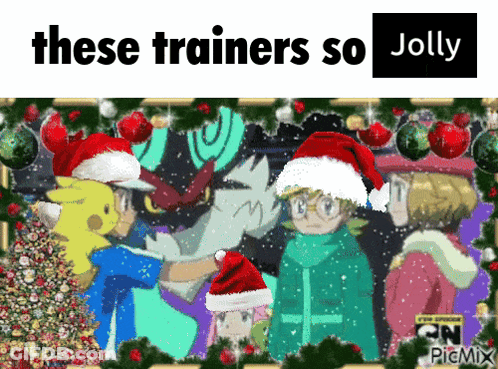 A Group Of Cartoon Characters Wearing Santa Hats With The Words " These Trainers So Jolly " Above Them GIF