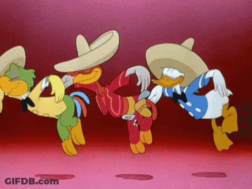 A Group Of Cartoon Characters Wearing Sombrero Hats Are Dancing Together GIF