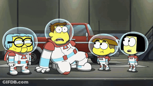 Cartoon Space Characters In Front Of Red Truck GIF