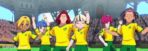 A Group Of Cartoon Characters Wearing Yellow And Green Shirts With The Letter C On Them GIF