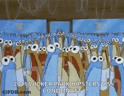 A Group Of Cartoon Characters With Big Eyes Are Standing In A Line . GIF