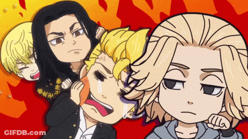 A Group Of Cartoon Characters With Chinese Writing On Their Jackets GIF