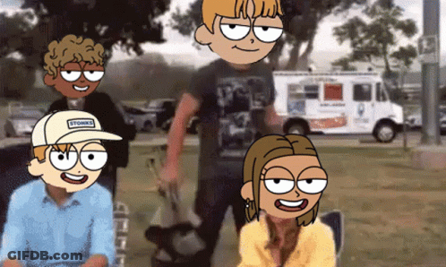 A Group Of Cartoon Characters With One Wearing A Hat That Says Stonks GIF