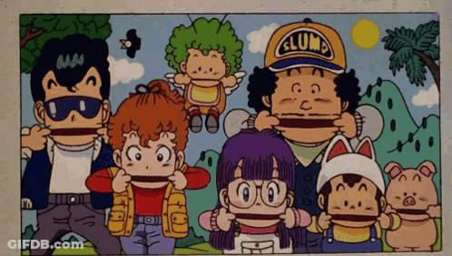 A Group Of Cartoon Characters With One Wearing A Yellow Hat That Says " Arura " GIF