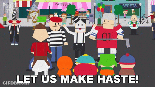 A Group Of Cartoon Characters With The Words Let Us Make Haste Written Below Them GIF