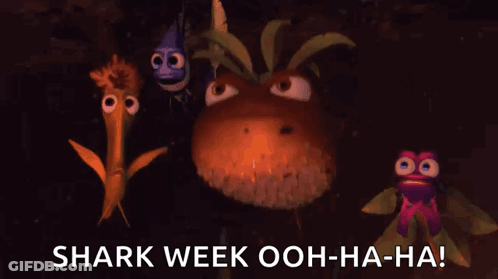 A Group Of Cartoon Characters With The Words Shark Week Ooh-Ha-Ha At The Bottom GIF