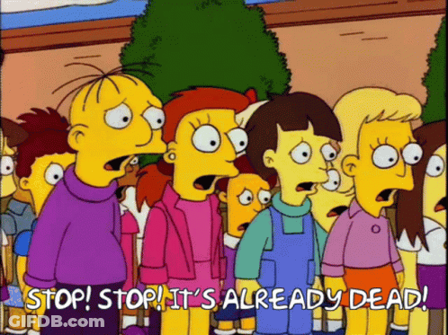 A Group Of Cartoon Characters With The Words Stop It 'S Already Dead Written Below Them GIF