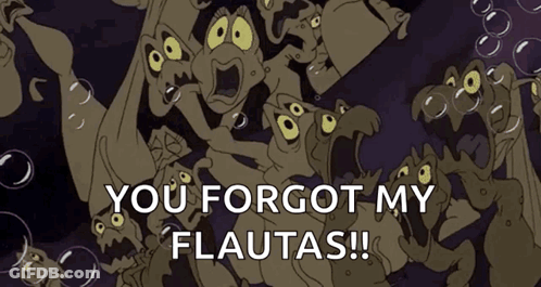 A Group Of Cartoon Characters With The Words " You Forgot My Flutas " On The Bottom GIF
