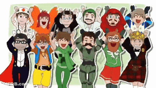 A Group Of Cartoon Characters With Their Arms In The Air GIF