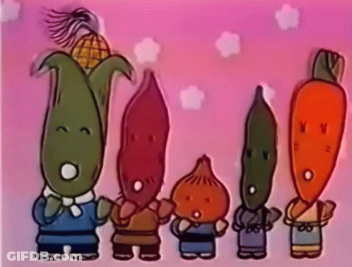 A Group Of Cartoon Characters With Vegetable Faces GIF