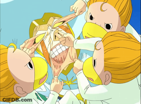 A Group Of Cartoon Characters With Yellow Hair Are Pulling A Man 'S Face GIF