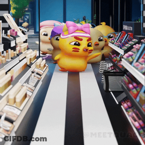 A Group Of Cartoon Chickens Are Standing In A Store With A Sign That Says Emoji Collection GIF