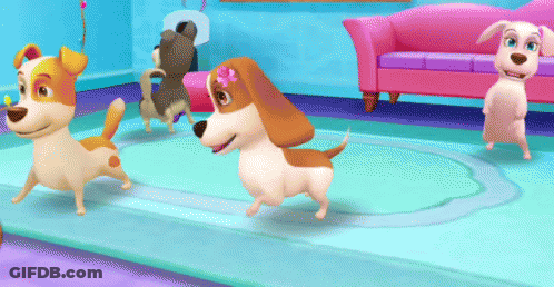 A Group Of Cartoon Dogs Are Running In A Living Room GIF