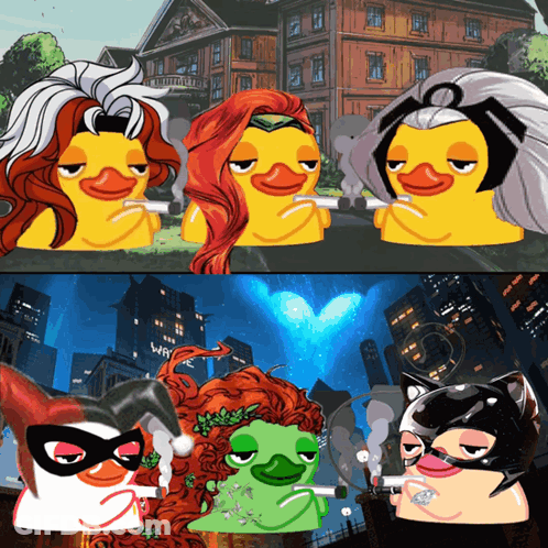 A Group Of Cartoon Ducks Are Standing Next To Each Other With One Wearing A Mask GIF