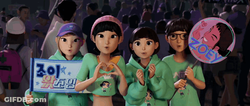 A Group Of Cartoon Girls Are Holding A Sign That Says Zoey GIF