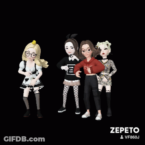 A Group Of Cartoon Girls Are Posing For A Picture With The Name Zepeto On The Bottom Right GIF
