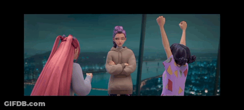 A Group Of Cartoon Girls Are Standing Next To Each Other With Their Arms In The Air . GIF