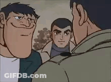 A Group Of Cartoon Men Are Standing Next To Each Other . GIF