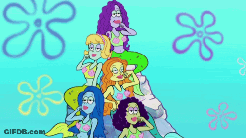 A Group Of Cartoon Mermaids Are Sitting On Top Of A Rock GIF