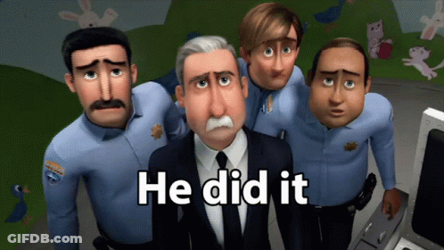 A Group Of Cartoon Police Officers Are Standing Around A Man With The Words He Did It Above Him GIF