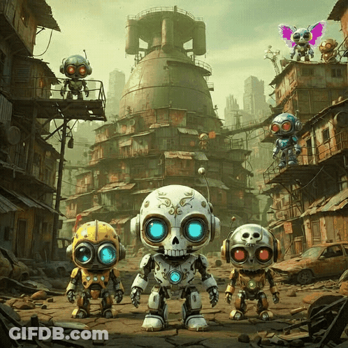 A Group Of Cartoon Robots Are Standing In Front Of A Building GIF