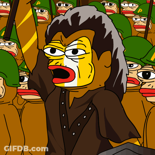 A Group Of Cartoon Soldiers Wearing Green Hats With The Letter P On Them GIF