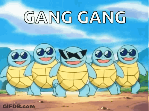 A Group Of Cartoon Turtles Are Standing Next To Each Other With The Words Gang Gang Written Above Them GIF