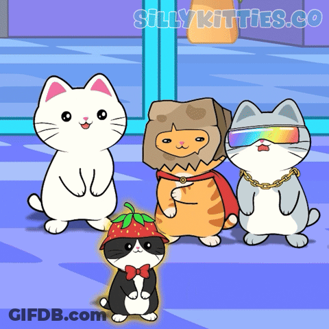 A Group Of Cats Are Standing Next To Each Other With Sillykitties.co Written On The Bottom Right GIF