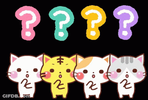 A Group Of Cats Standing Next To Each Other With A Question Mark In The Background GIF