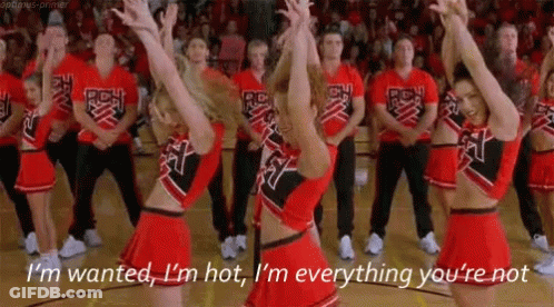 A Group Of Cheerleaders Are Dancing In A Gym And One Cheerleader Is Saying I 'M Wanted GIF