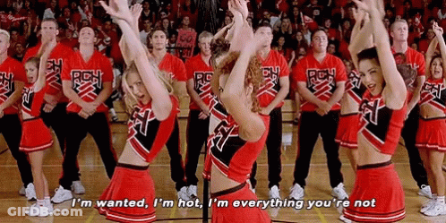 A Group Of Cheerleaders Are Performing On A Basketball Court And One Cheerleader Is Saying I 'M Wanted GIF