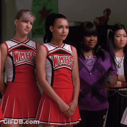 A Group Of Cheerleaders Wearing Wmhs Uniforms Are Standing Next To Each Other GIF