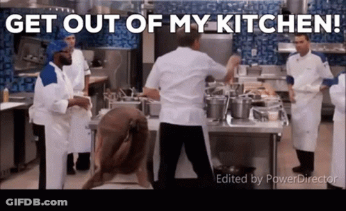 A Group Of Chefs In A Kitchen With The Words Get Out Of My Kitchen On The Bottom GIF