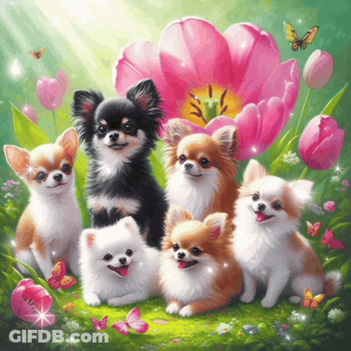 A Group Of Chihuahuas Are Sitting In A Field Of Flowers GIF
