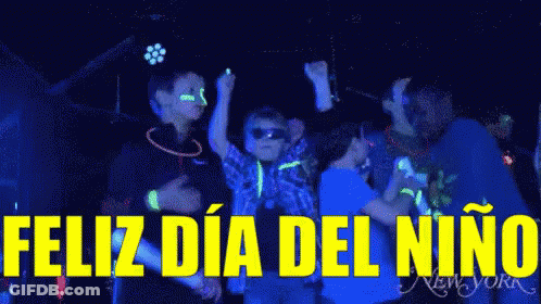 A Group Of Children Are Dancing In A Dark Room And The Words Feliz Dia Del Niño Are Written In Yellow GIF