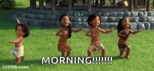 A Group Of Children Are Dancing In A Field With The Words `` Morning '' Above Them . GIF