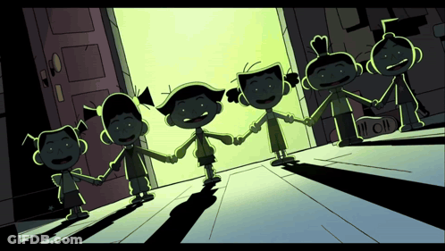 A Group Of Children Are Holding Hands In A Cartoon GIF