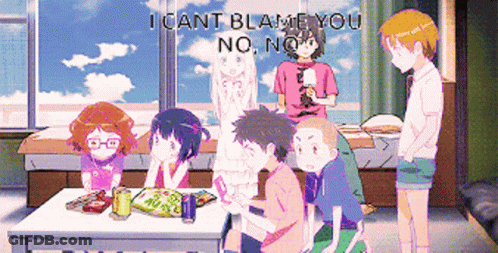 A Group Of Children Are Sitting Around A Table With The Words I Cant Blame You No No GIF