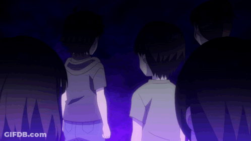 A Group Of Children Are Standing In The Dark With Their Eyes Lit Up GIF