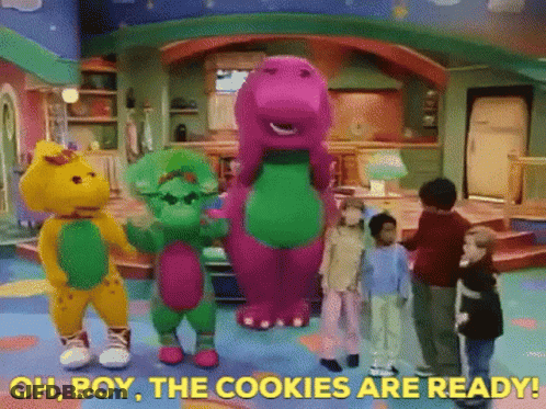 A Group Of Children Are Standing Next To Each Other In A Room With A Purple Dinosaur . GIF