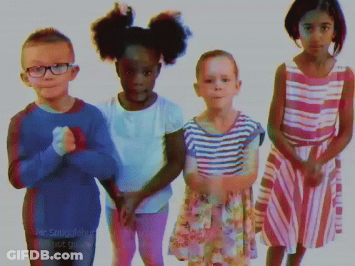 A Group Of Children Are Standing Next To Each Other With The Words Mr. Smurf Written On The Bottom Left GIF