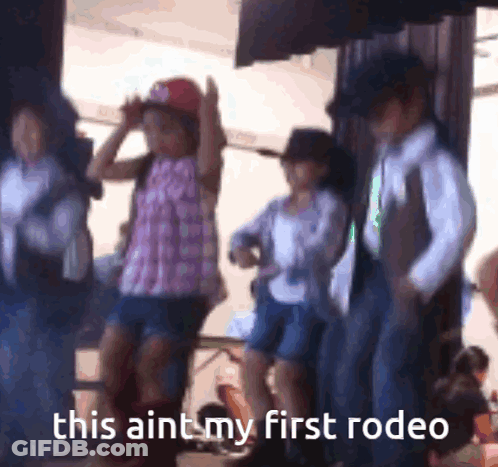 A Group Of Children Dressed In Cowboy Costumes Are Dancing With The Caption This Aint My First Rodeo GIF
