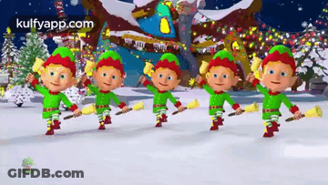 A Group Of Christmas Elves Are Dancing In The Snow . GIF