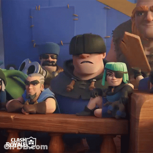 A Group Of Clash Royale Characters Are Sitting On A Wooden Bench GIF