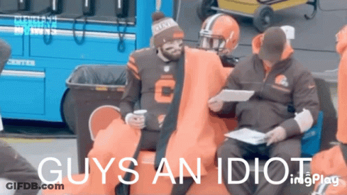 A Group Of Cleveland Browns Players Are Sitting On A Couch With The Caption Guys An Idiot GIF